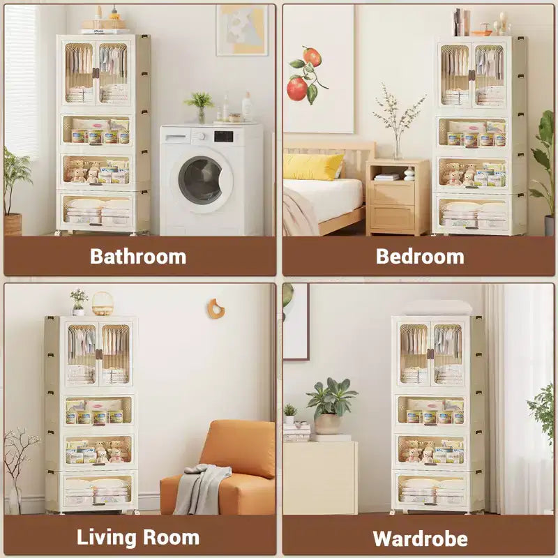 Stackable Closet Storage Bins, Collapsible Clothes Organizers, Portable Wardrobe Closet w/Lids and Doors, Movable Clothes Storage with Coat Hangers