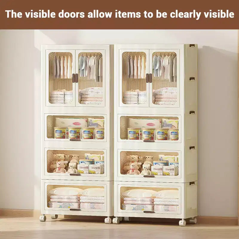 Stackable Closet Storage Bins, Collapsible Clothes Organizers, Portable Wardrobe Closet w/Lids and Doors, Movable Clothes Storage with Coat Hangers