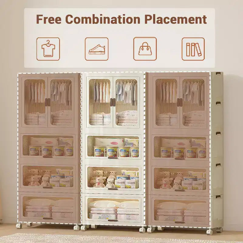 Stackable Closet Storage Bins, Collapsible Clothes Organizers, Portable Wardrobe Closet w/Lids and Doors, Movable Clothes Storage with Coat Hangers