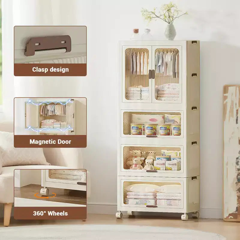 Stackable Closet Storage Bins, Collapsible Clothes Organizers, Portable Wardrobe Closet w/Lids and Doors, Movable Clothes Storage with Coat Hangers