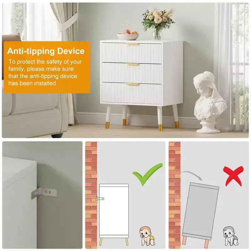 Commode moderne à 3 tiroirs pour chambre à coucher, commode de 57 cm de large en bois cannelé, organiseur de rangement pour vêtements