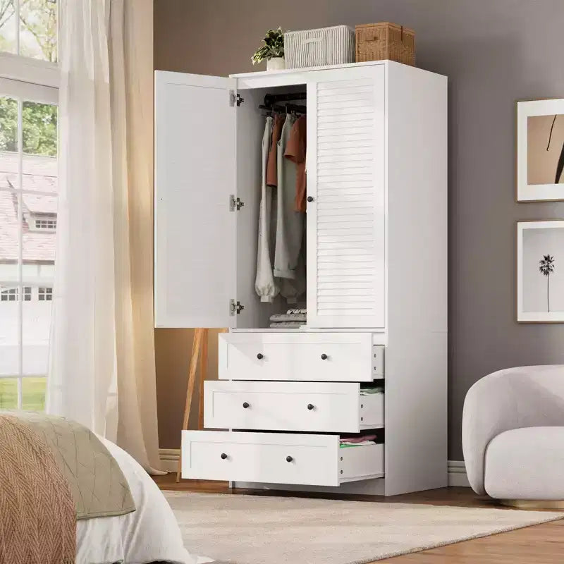 GustoWave Wardrobe Closet with 3 Drawers and 2 Doors, Modern Wooden Wardrobe Cabinets for Hanging Clothes, Tall Standing Bedroom Armoires, Heavy Duty