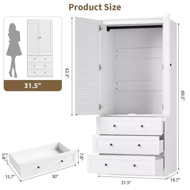 GustoWave Wardrobe Closet with 3 Drawers and 2 Doors, Modern Wooden Wardrobe Cabinets for Hanging Clothes, Tall Standing Bedroom Armoires, Heavy Duty