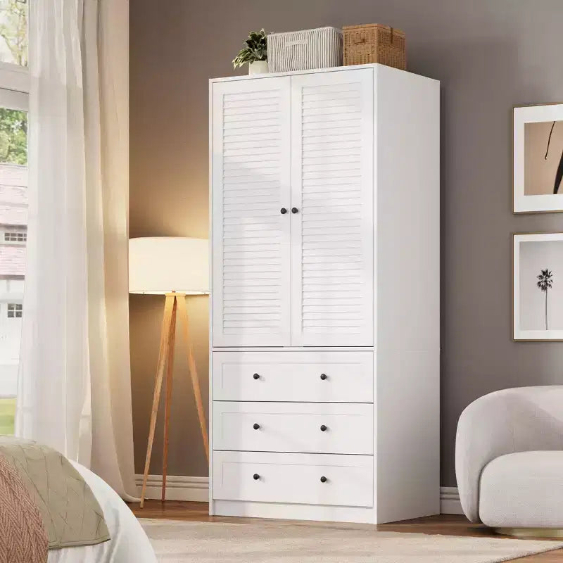 GustoWave Wardrobe Closet with 3 Drawers and 2 Doors, Modern Wooden Wardrobe Cabinets for Hanging Clothes, Tall Standing Bedroom Armoires, Heavy Duty