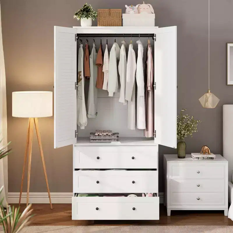 GustoWave Wardrobe Closet with 3 Drawers and 2 Doors, Modern Wooden Wardrobe Cabinets for Hanging Clothes, Tall Standing Bedroom Armoires, Heavy Duty