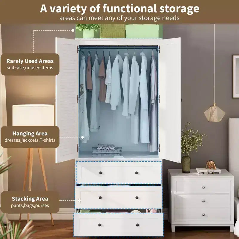 GustoWave Wardrobe Closet with 3 Drawers and 2 Doors, Modern Wooden Wardrobe Cabinets for Hanging Clothes, Tall Standing Bedroom Armoires, Heavy Duty