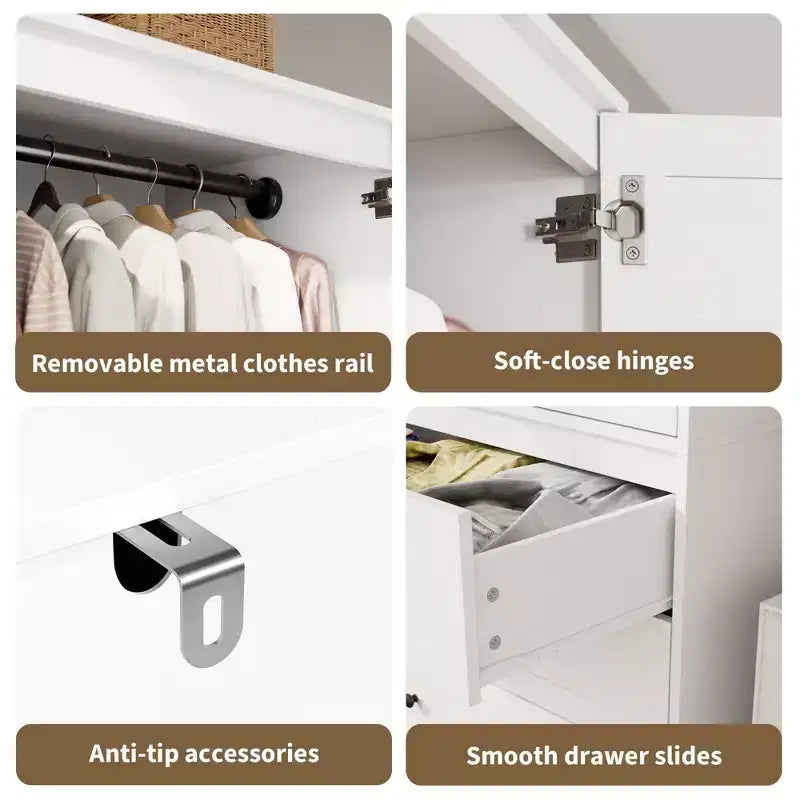 GustoWave Wardrobe Closet with 3 Drawers and 2 Doors, Modern Wooden Wardrobe Cabinets for Hanging Clothes, Tall Standing Bedroom Armoires, Heavy Duty