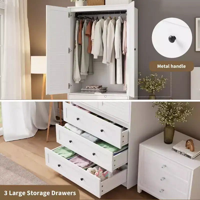 GustoWave Wardrobe Closet with 3 Drawers and 2 Doors, Modern Wooden Wardrobe Cabinets for Hanging Clothes, Tall Standing Bedroom Armoires, Heavy Duty