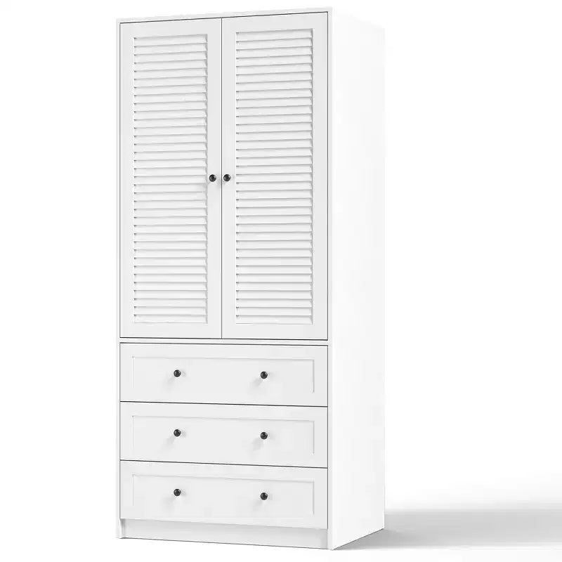 GustoWave Wardrobe Closet with 3 Drawers and 2 Doors, Modern Wooden Wardrobe Cabinets for Hanging Clothes, Tall Standing Bedroom Armoires, Heavy Duty