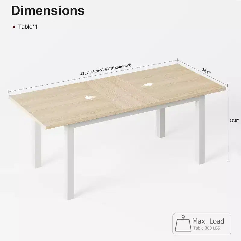 63 Extendable Dining Table for 6-8 People, Large Rectangular Kitchen Table with Metal Frame & MDF Top, Natural Wood Finish, Easy Assembly