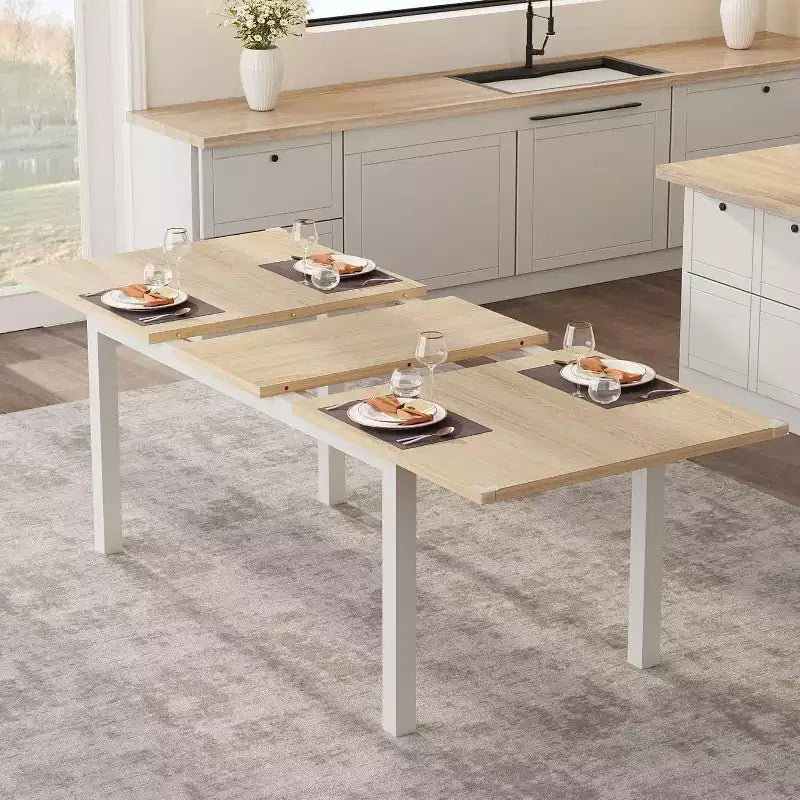 63 Extendable Dining Table for 6-8 People, Large Rectangular Kitchen Table with Metal Frame & MDF Top, Natural Wood Finish, Easy Assembly