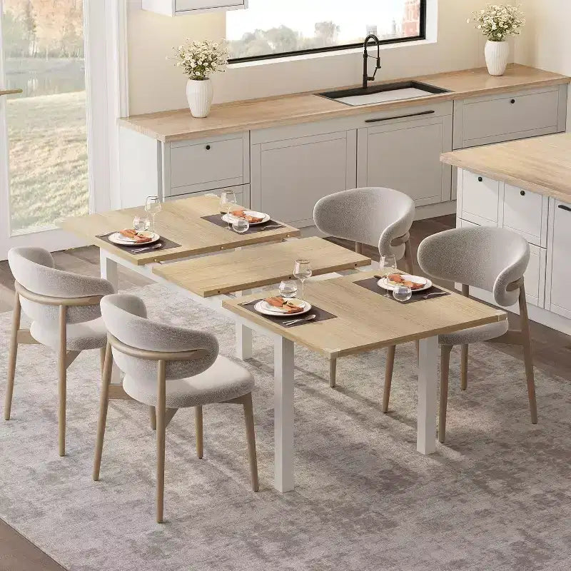 63 Extendable Dining Table for 6-8 People, Large Rectangular Kitchen Table with Metal Frame & MDF Top, Natural Wood Finish, Easy Assembly