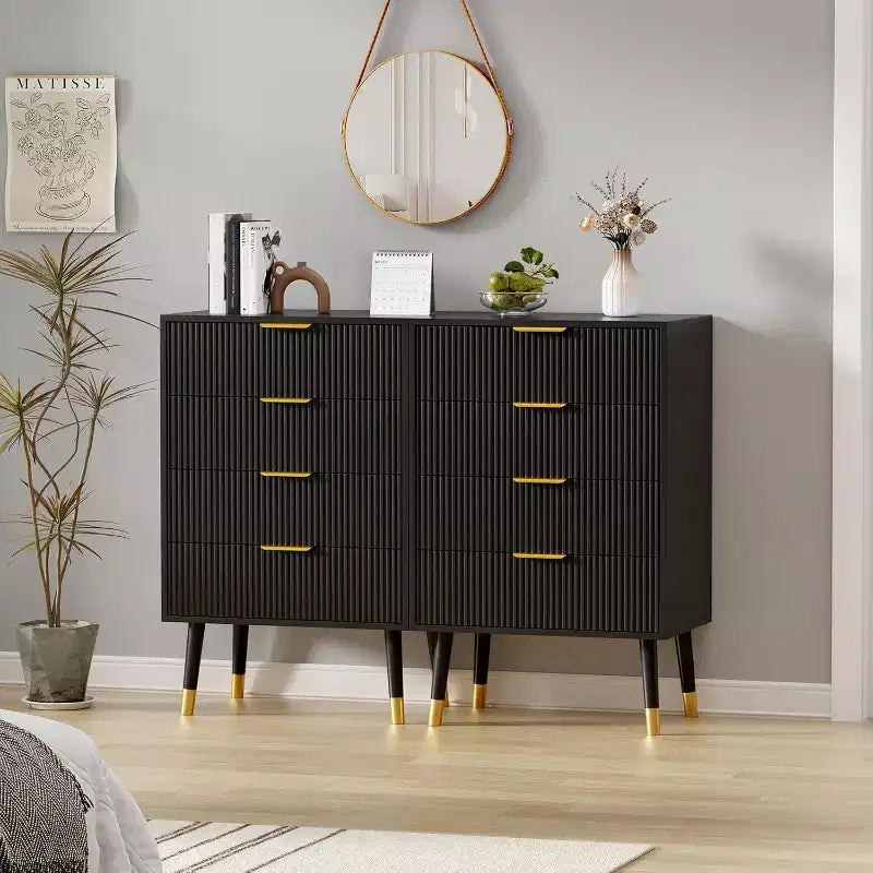 Black 4 Drawer Dressers Modern Chest of Drawers with Gold Metal HandlesModern Nightstand