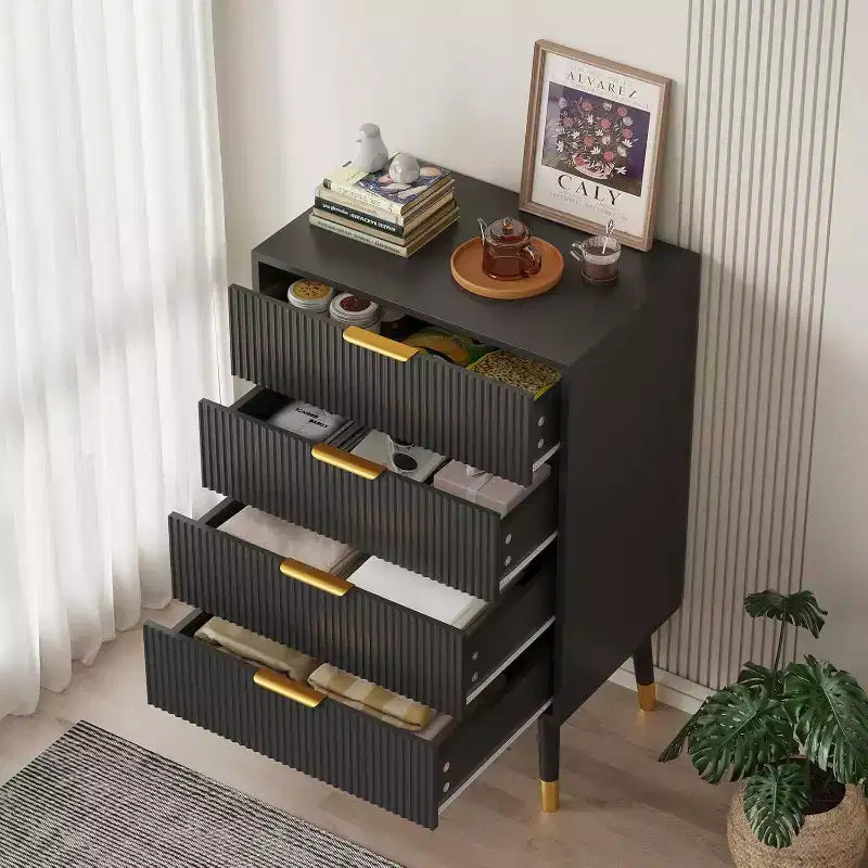 Black 4 Drawer Dressers Modern Chest of Drawers with Gold Metal HandlesModern Nightstand