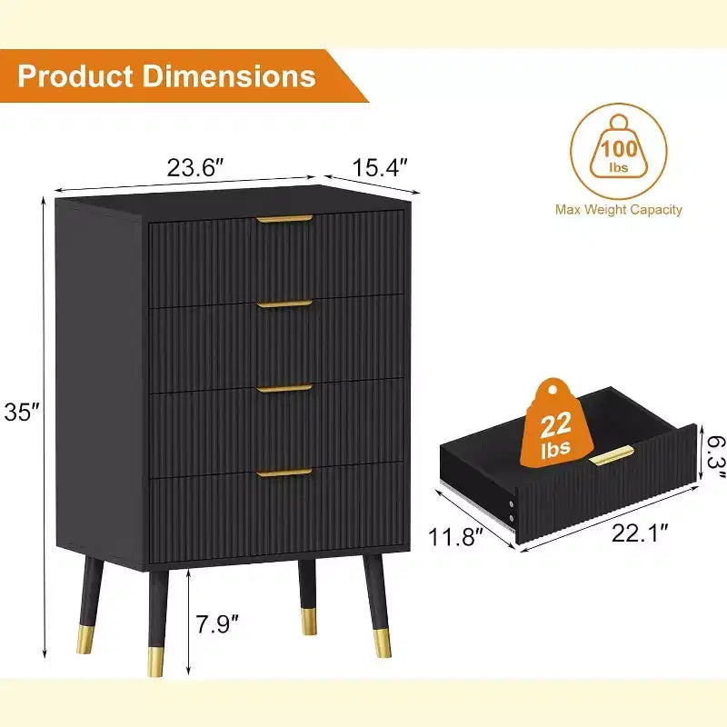 Black 4 Drawer Dressers Modern Chest of Drawers with Gold Metal HandlesModern Nightstand