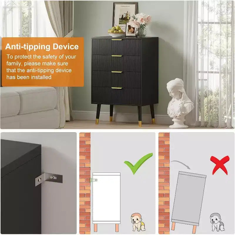 Black 4 Drawer Dressers Modern Chest of Drawers with Gold Metal HandlesModern Nightstand