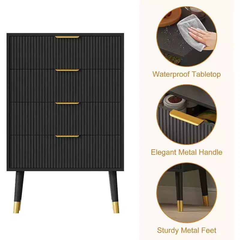 Black 4 Drawer Dressers Modern Chest of Drawers with Gold Metal HandlesModern Nightstand