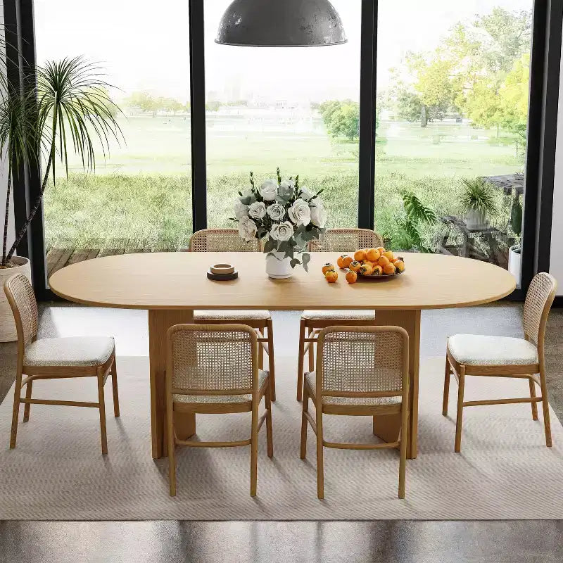 PexFix 67 x 33.5 Solid Wood Farmhouse Dining Table with V-Shaped Legs and Oval Natural Wood Top for Modern Dining Rooms & Family Gatherings
