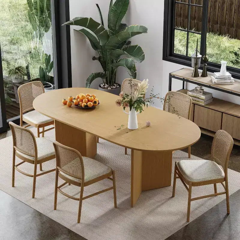 PexFix 67 x 33.5 Solid Wood Farmhouse Dining Table with V-Shaped Legs and Oval Natural Wood Top for Modern Dining Rooms & Family Gatherings