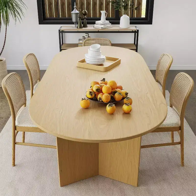 PexFix 67 x 33.5 Solid Wood Farmhouse Dining Table with V-Shaped Legs and Oval Natural Wood Top for Modern Dining Rooms & Family Gatherings