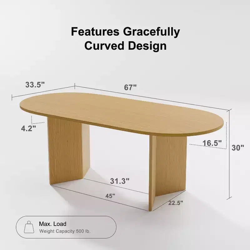 PexFix 67 x 33.5 Solid Wood Farmhouse Dining Table with V-Shaped Legs and Oval Natural Wood Top for Modern Dining Rooms & Family Gatherings