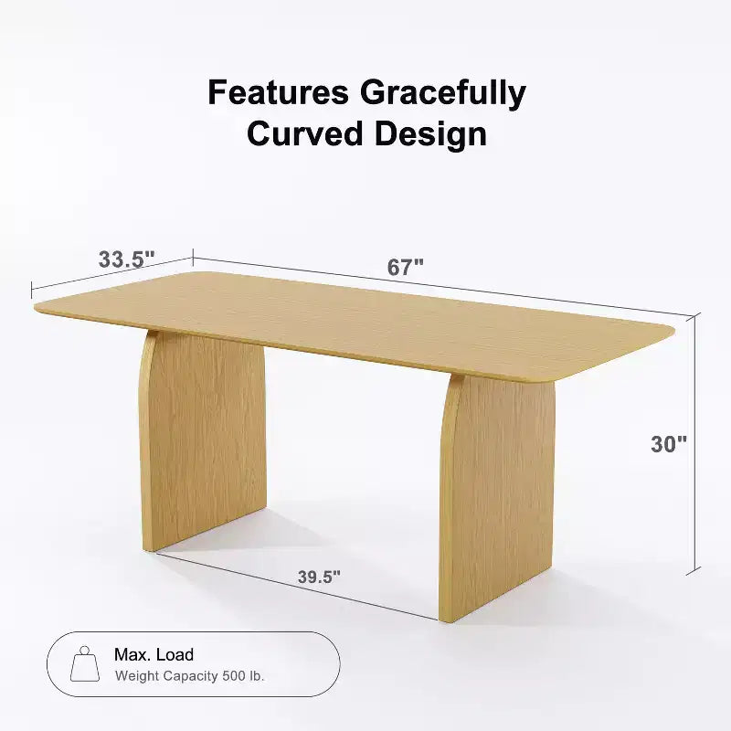 PexFix 67 x 33.5 Farmhouse Dining Table Solid Wood Kitchen Table with Arched Legs Square Natural Wood Top for Dining Room & Kitchen