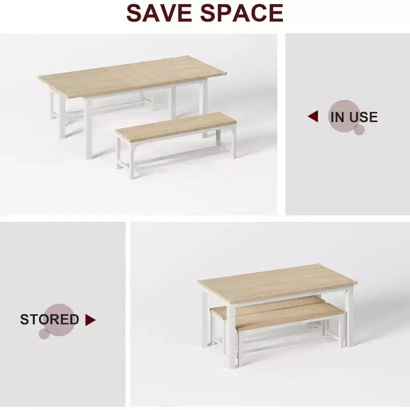 63 Extendable Dining Table Set for 4-6 with 2 Benches & 2 Stools, Metal Frame & MDF Wood Top, Space-Saving Large Kitchen & Dining Room Furniture