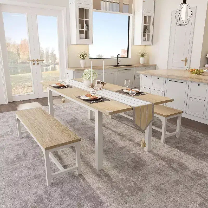 63 Extendable Dining Table Set for 4-6 with 2 Benches & 2 Stools, Metal Frame & MDF Wood Top, Space-Saving Large Kitchen & Dining Room Furniture