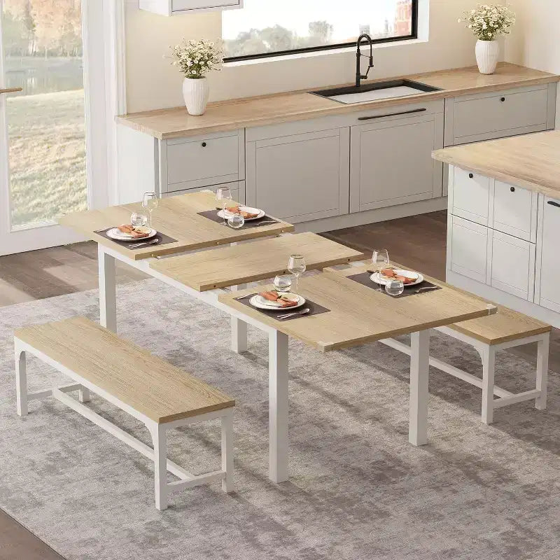 63 Extendable Dining Table Set for 4-6 with 2 Benches & 2 Stools, Metal Frame & MDF Wood Top, Space-Saving Large Kitchen & Dining Room Furniture