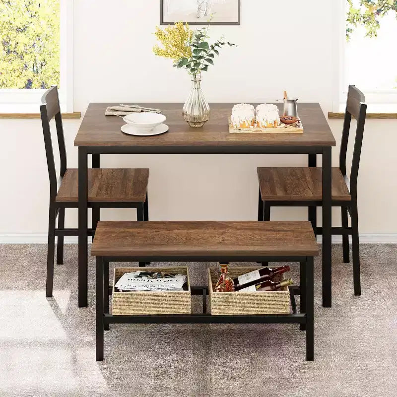 Dining Table and Chairs Set of 4, Kitchen Table and 2 Chairs for 4 with Bench, Metal Frame Dining Room Furniture Set