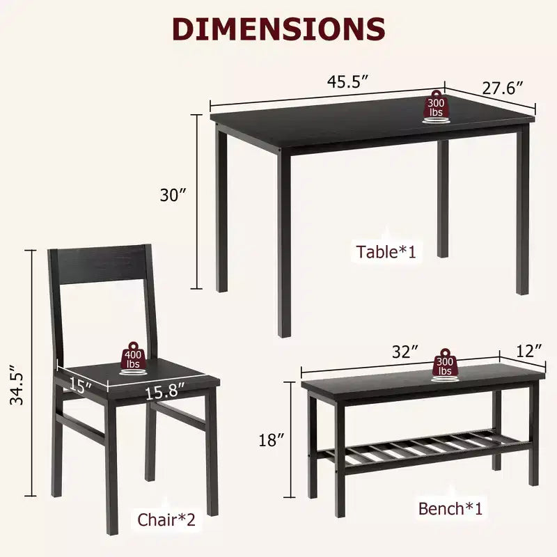 Dining Table and Chairs Set of 4, Kitchen Table and 2 Chairs for 4 with Bench, Metal Frame Dining Room Furniture Set