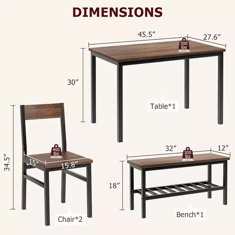 Dining Table and Chairs Set of 4, Kitchen Table and 2 Chairs for 4 with Bench, Metal Frame Dining Room Furniture Set