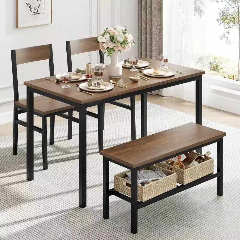 Dining Table and Chairs Set of 4, Kitchen Table and 2 Chairs for 4 with Bench, Metal Frame Dining Room Furniture Set