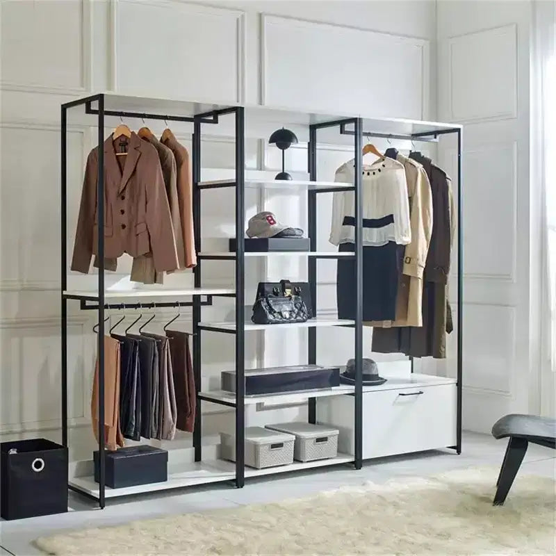 HomeStock 77.7 in.H x 31.5 in.W White Wood Composite Closet System for Universal Storage with Storage Bins