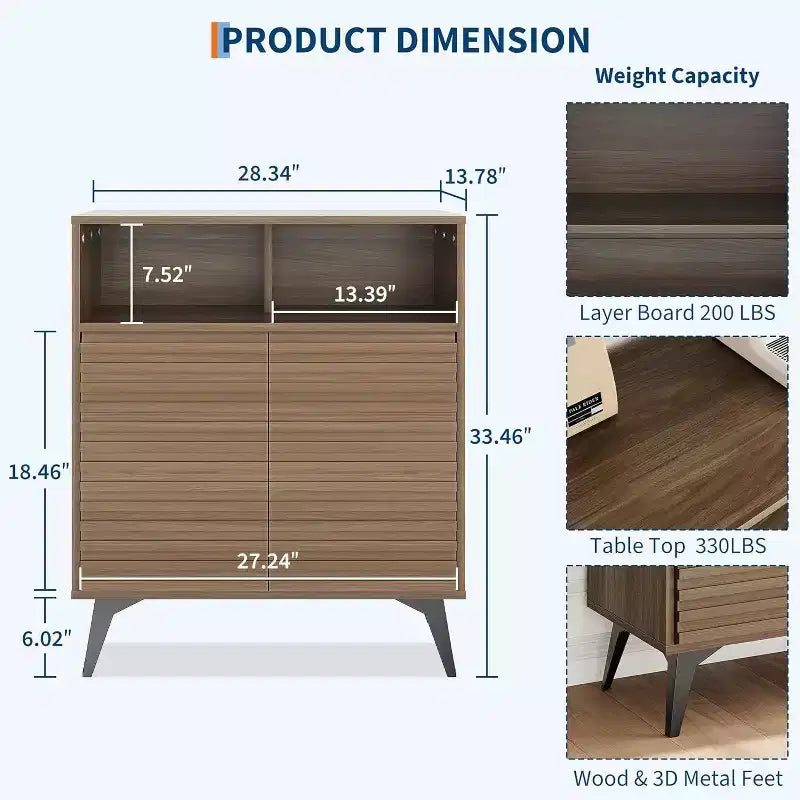 Mid Century Modern Fluted Storage Cabinet with Metal Legs, Stylish Sideboard Buffet Credenza, Spacious Storage for Living Room