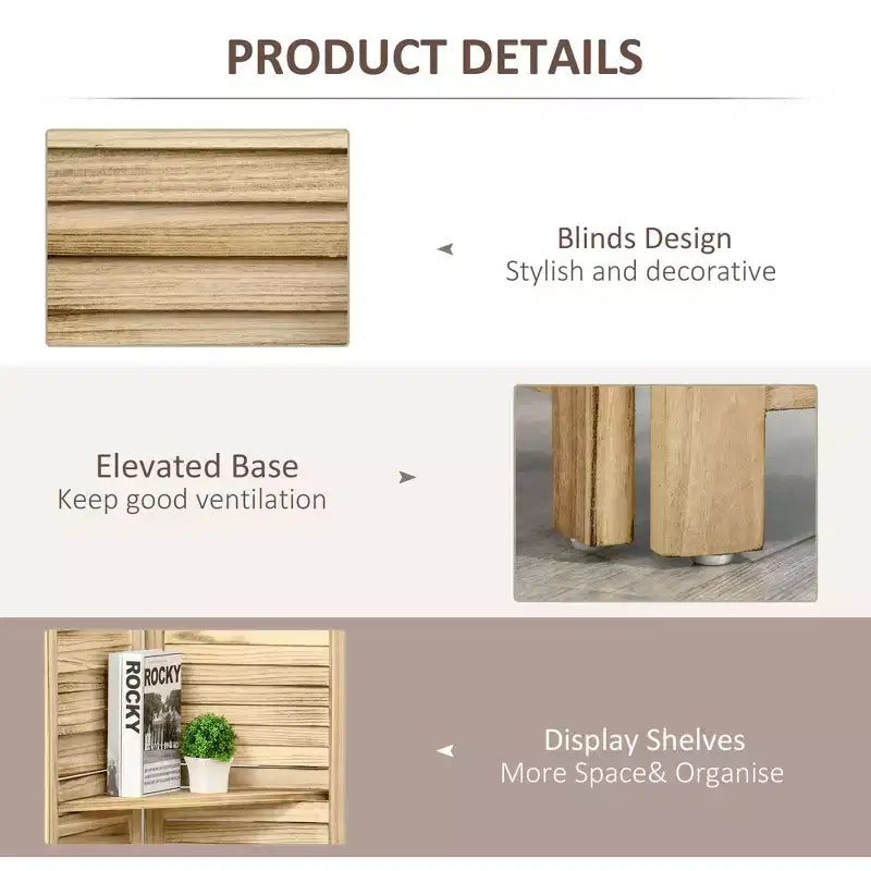 MAYEERTY 4 Panel Folding Room Divider Freestanding Paulownia Wood Privacy Screen Panel with Storage Shelves for Home Office Natural Wood