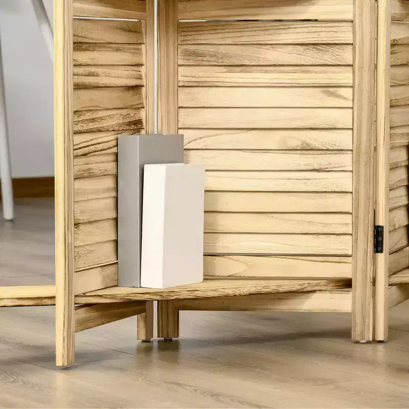 MAYEERTY 4 Panel Folding Room Divider Freestanding Paulownia Wood Privacy Screen Panel with Storage Shelves for Home Office Natural Wood
