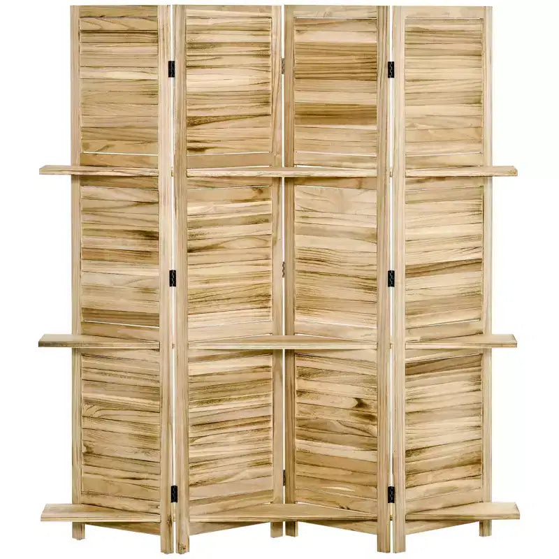 MAYEERTY 4 Panel Folding Room Divider Freestanding Paulownia Wood Privacy Screen Panel with Storage Shelves for Home Office Natural Wood