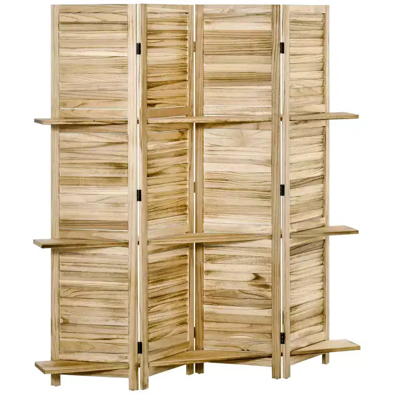 MAYEERTY 4 Panel Folding Room Divider Freestanding Paulownia Wood Privacy Screen Panel with Storage Shelves for Home Office Natural Wood