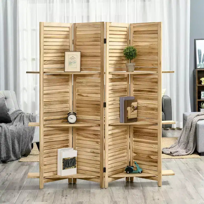MAYEERTY 4 Panel Folding Room Divider Freestanding Paulownia Wood Privacy Screen Panel with Storage Shelves for Home Office Natural Wood