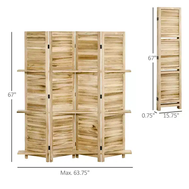 MAYEERTY 4 Panel Folding Room Divider Freestanding Paulownia Wood Privacy Screen Panel with Storage Shelves for Home Office Natural Wood