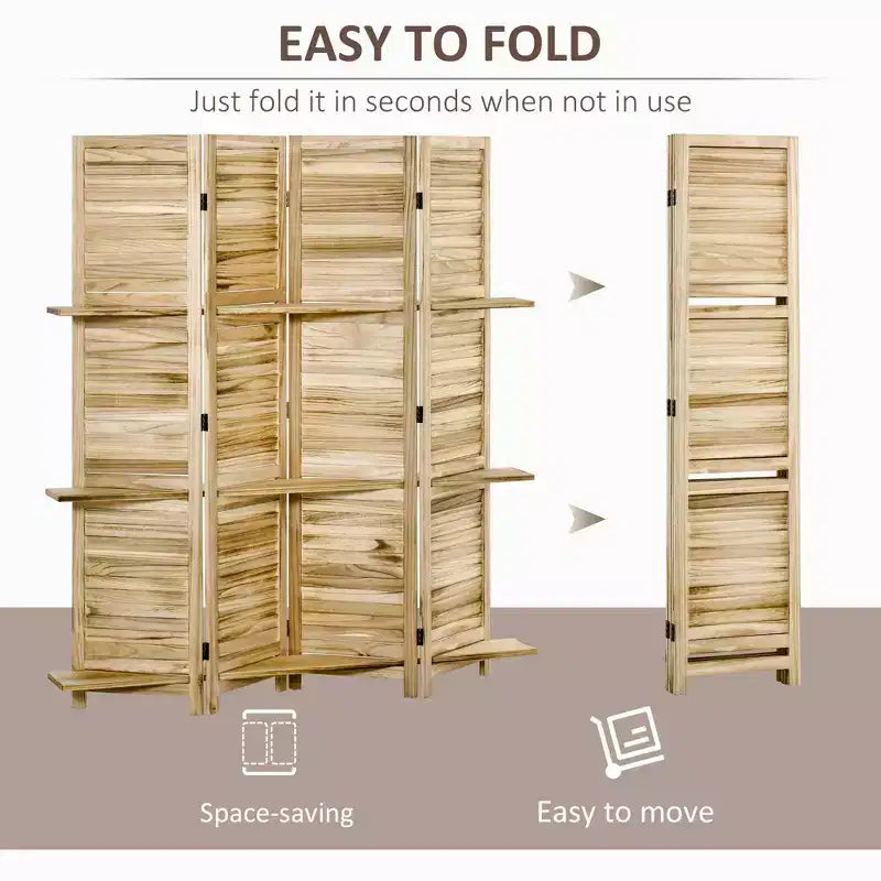 MAYEERTY 4 Panel Folding Room Divider Freestanding Paulownia Wood Privacy Screen Panel with Storage Shelves for Home Office Natural Wood