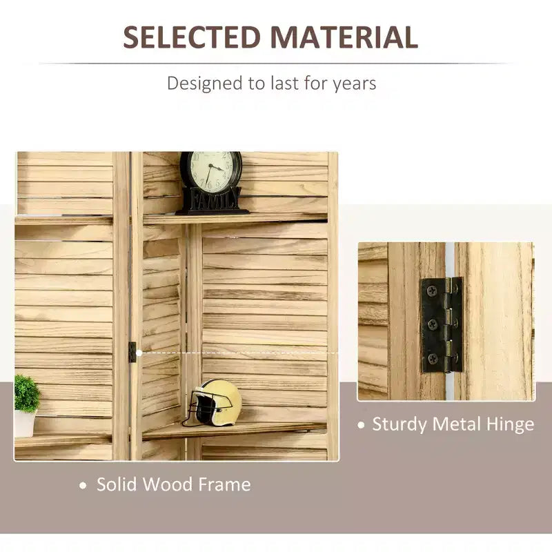MAYEERTY 4 Panel Folding Room Divider Freestanding Paulownia Wood Privacy Screen Panel with Storage Shelves for Home Office Natural Wood