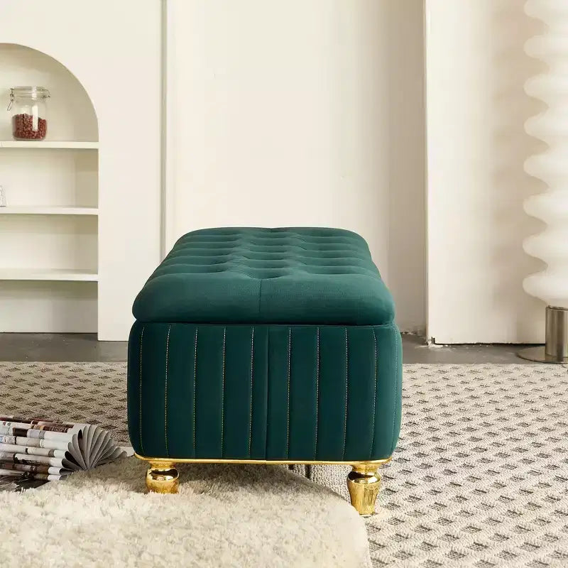TUYOHW Upholstered Storage Ottoman with Safety Hinge, Gold Decoration Strip and Gold Embroidery Footstool, Ottoman Bench for Living Room