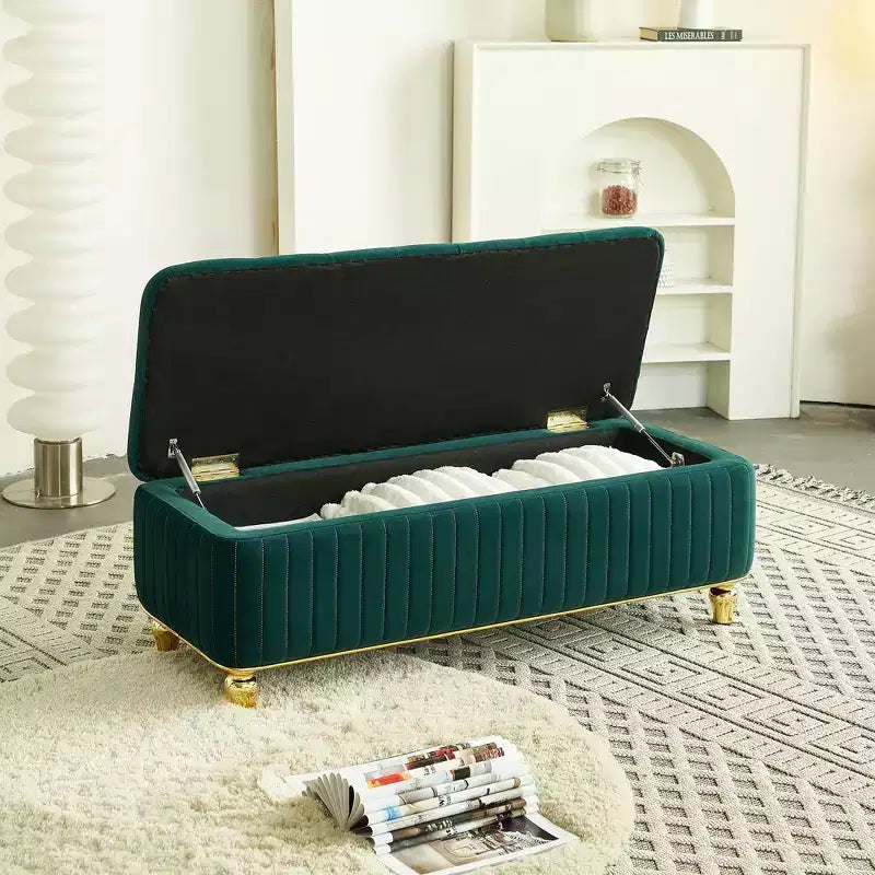 TUYOHW Upholstered Storage Ottoman with Safety Hinge, Gold Decoration Strip and Gold Embroidery Footstool, Ottoman Bench for Living Room