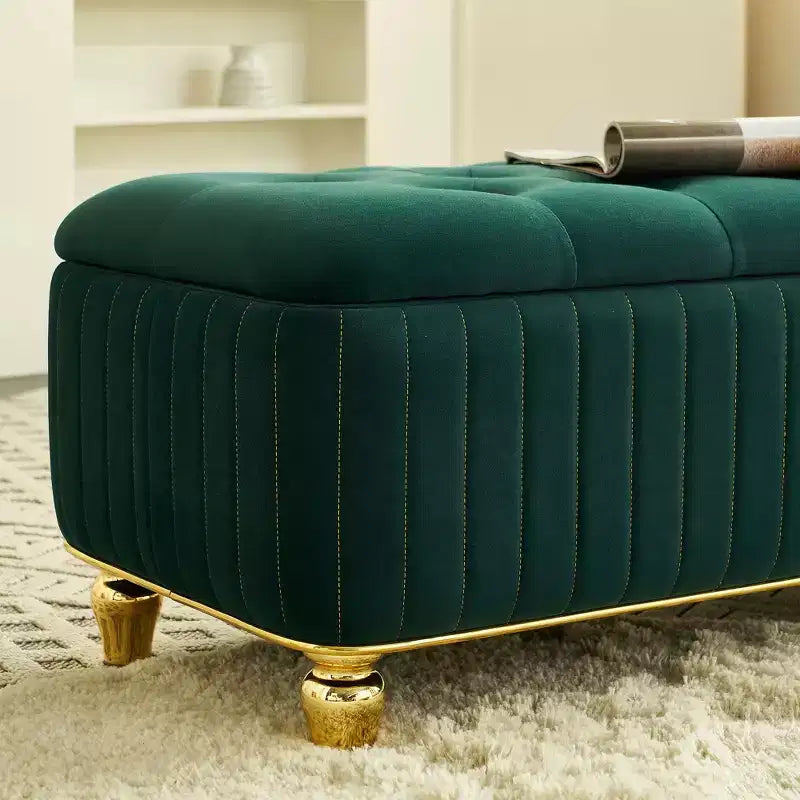TUYOHW Upholstered Storage Ottoman with Safety Hinge, Gold Decoration Strip and Gold Embroidery Footstool, Ottoman Bench for Living Room