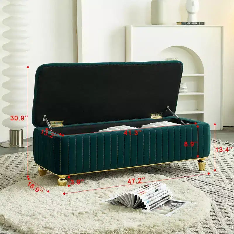 TUYOHW Upholstered Storage Ottoman with Safety Hinge, Gold Decoration Strip and Gold Embroidery Footstool, Ottoman Bench for Living Room