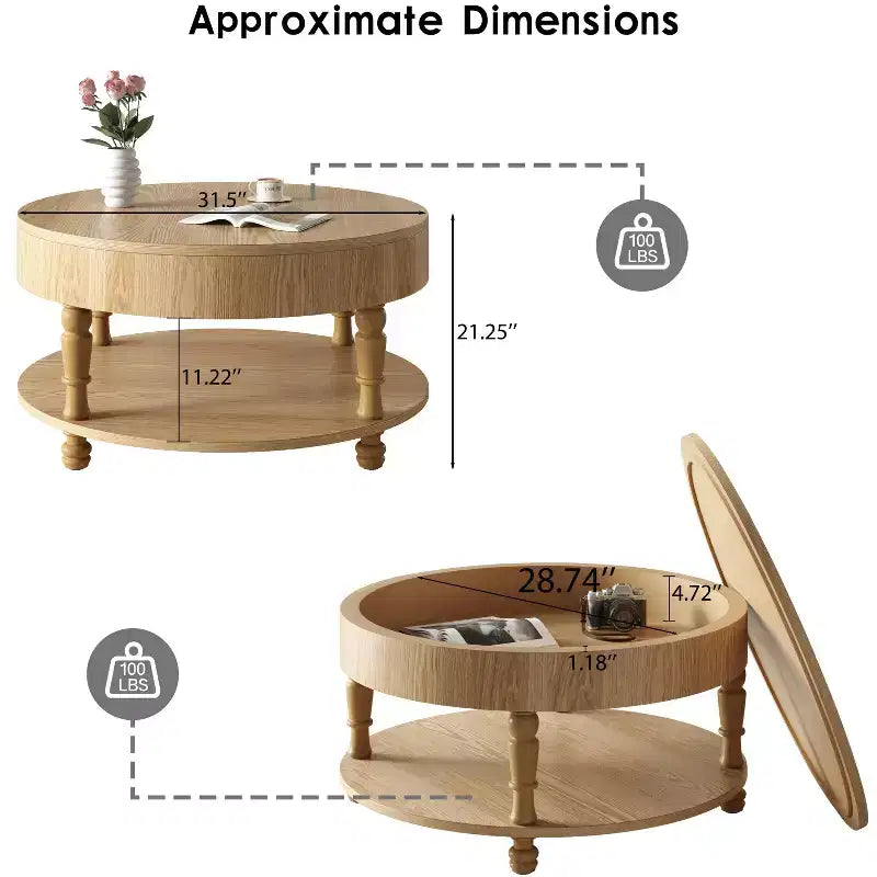 GDFStudio Navia Table Basse Ronde Moderne en Bois de 31 po avec Rangement et Étagère