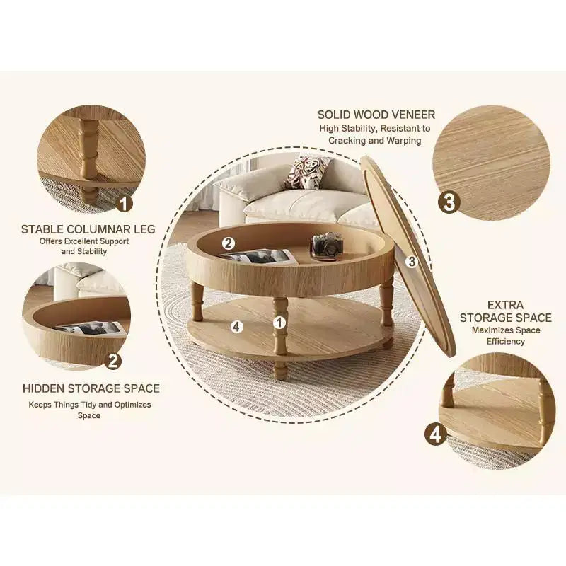GDFStudio Navia Table Basse Ronde Moderne en Bois de 31 po avec Rangement et Étagère