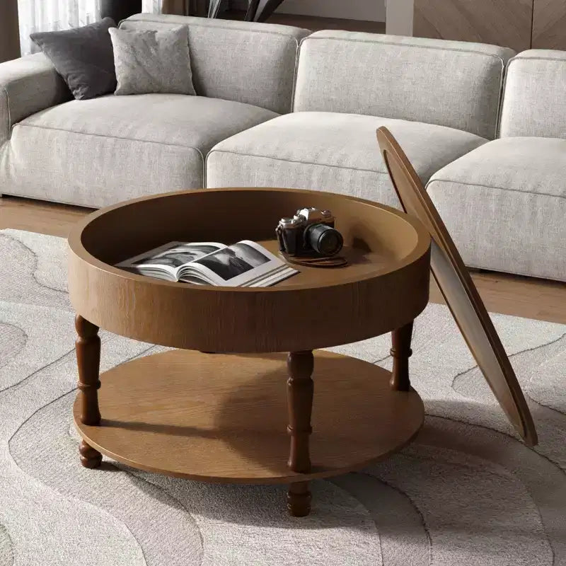 GDFStudio Navia Table Basse Ronde Moderne en Bois de 31 po avec Rangement et Étagère